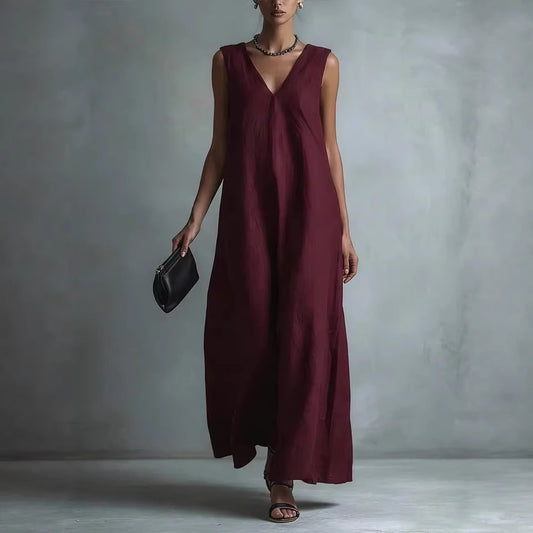 Women's Casual V-Neck Sleeveless Cotton-Linen Dress