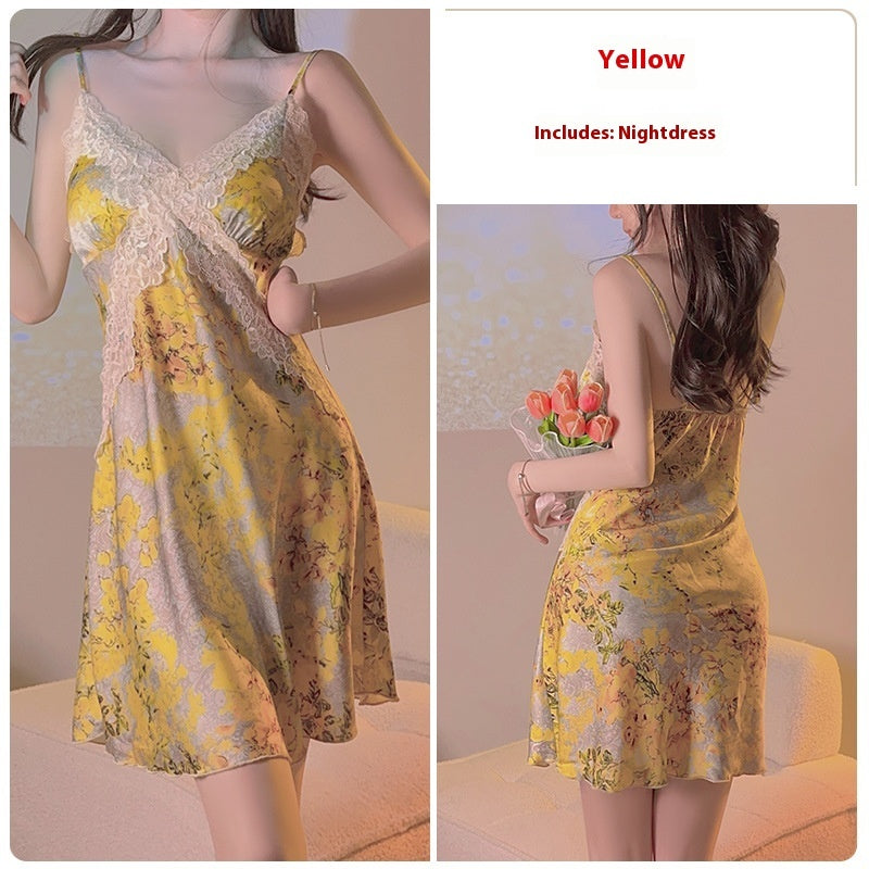 Yellow Floral Satin Cross Lace Waist Slimming Nightdress