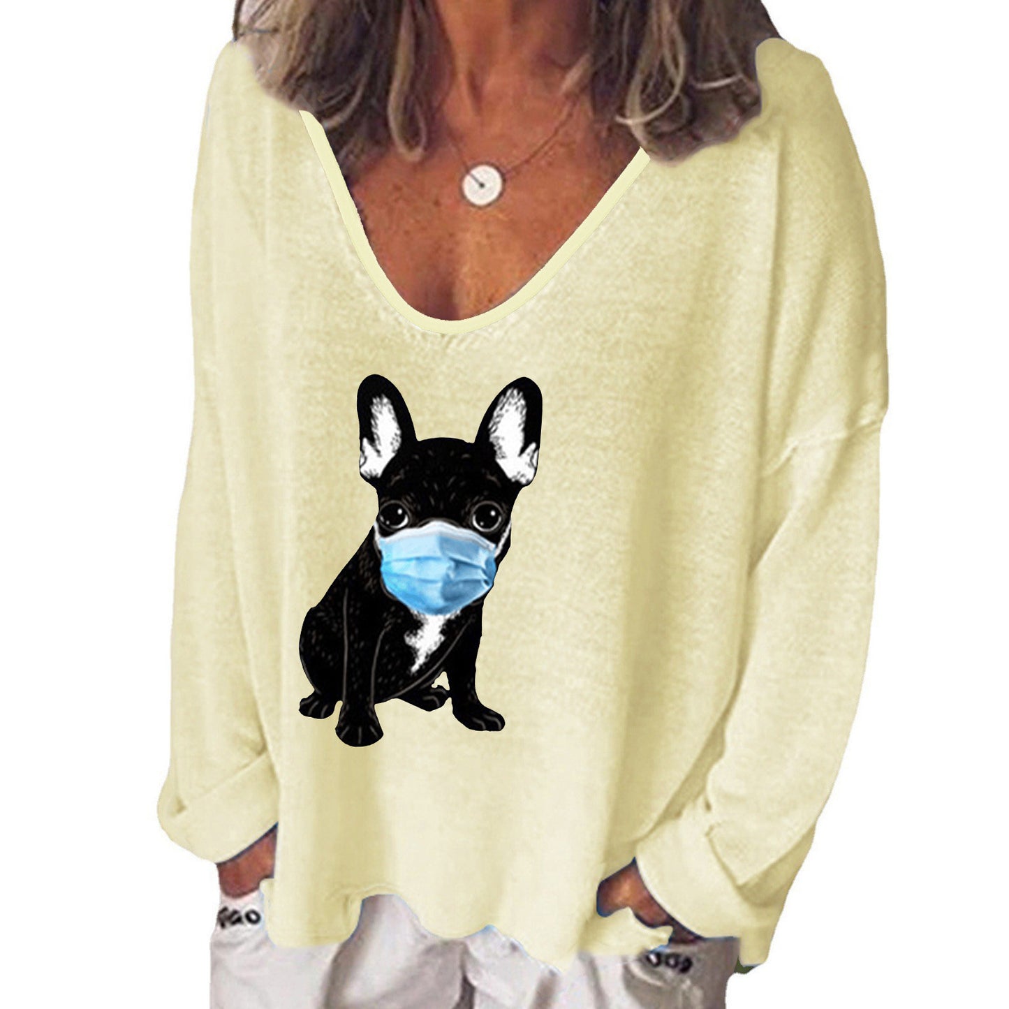 Puppy Muzzle Print V-Neck Long Sleeve T-Shirt Women