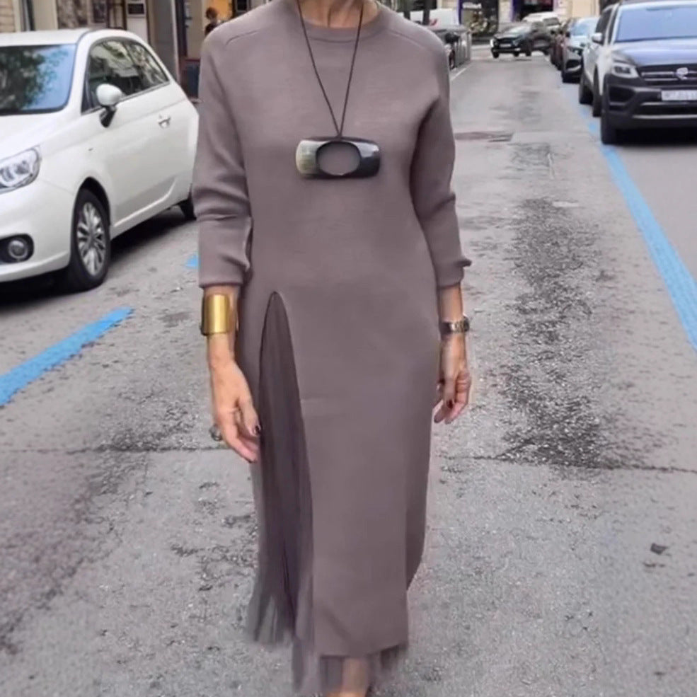 Womens Casual Knitted V-Neck Split-Joint Mesh Dress