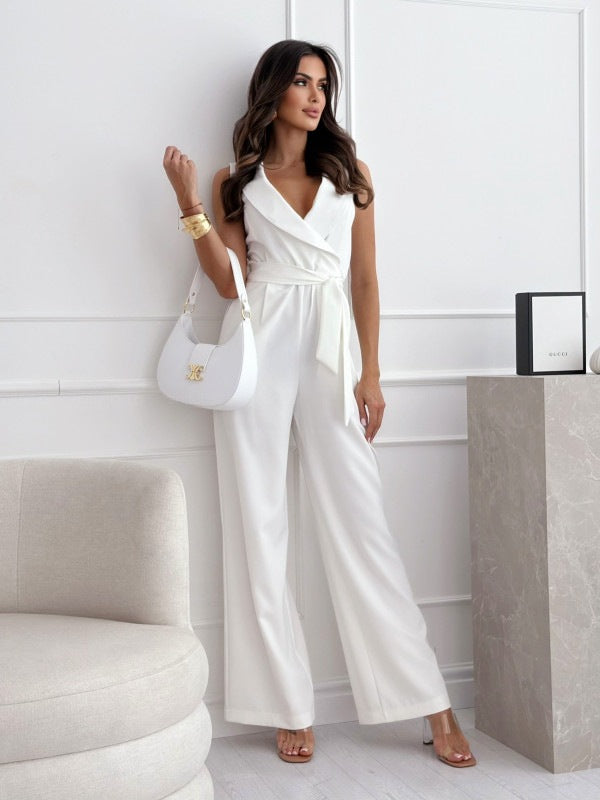 V-hals Ærmeløs Jumpsuit Med Bælte Design Sommer Mode Bukser Dametøj