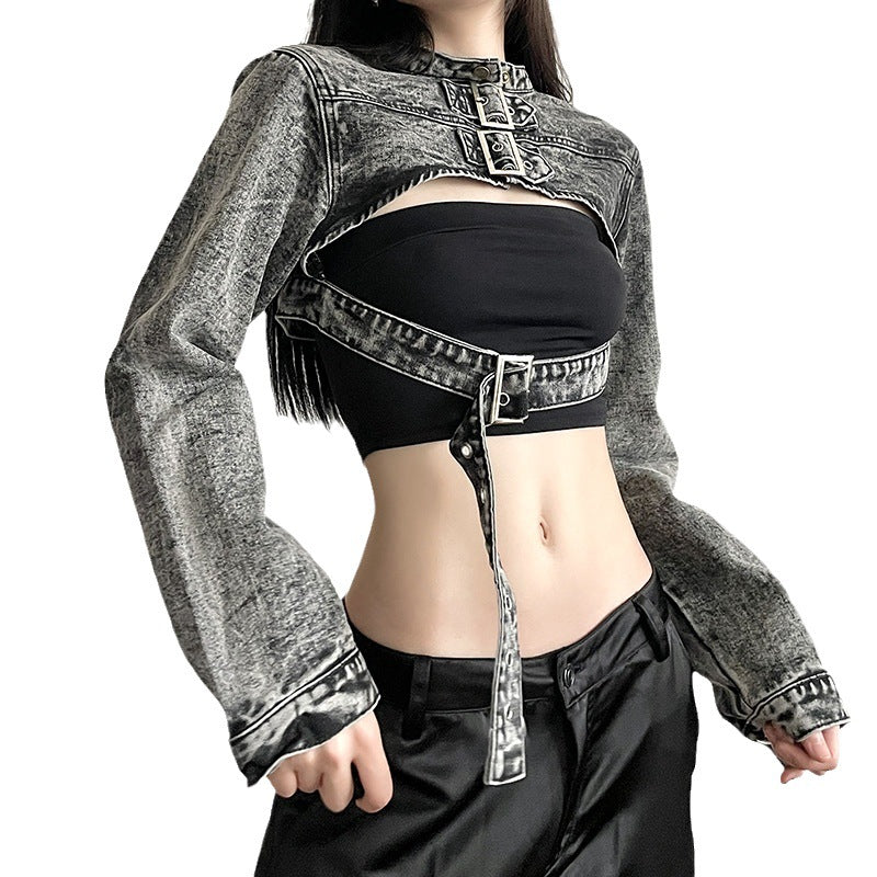Street Vintage Washed Japanese Buckle Ribbon Denim Blouse Handsome Hot Girl Slim Fit Belt Short Coat