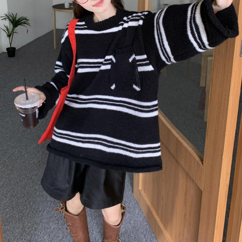 Lazy Sweater Pocket Contrast Color Striped Round Neck Pullover