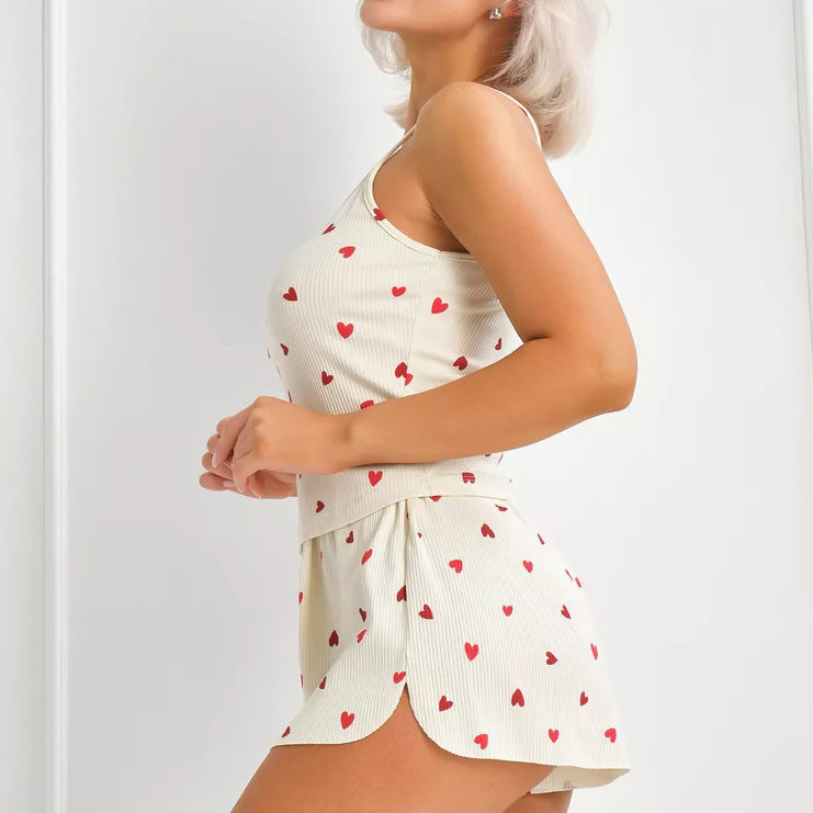 European And American-style Heart-print Camisole And Shorts Pajama Set