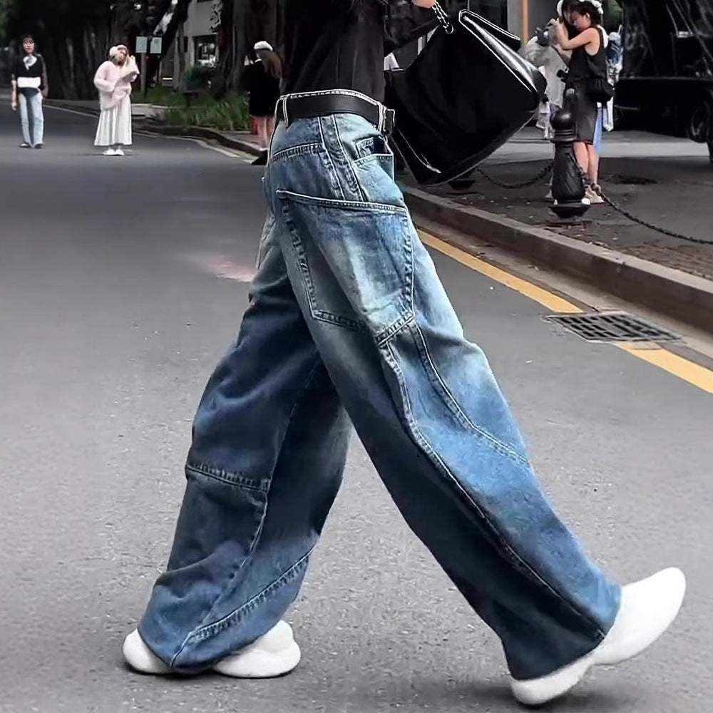 Højtaljede Krøllede Jeans Med Brede Ben Til Kvinder Plus Size Moppe Bukser