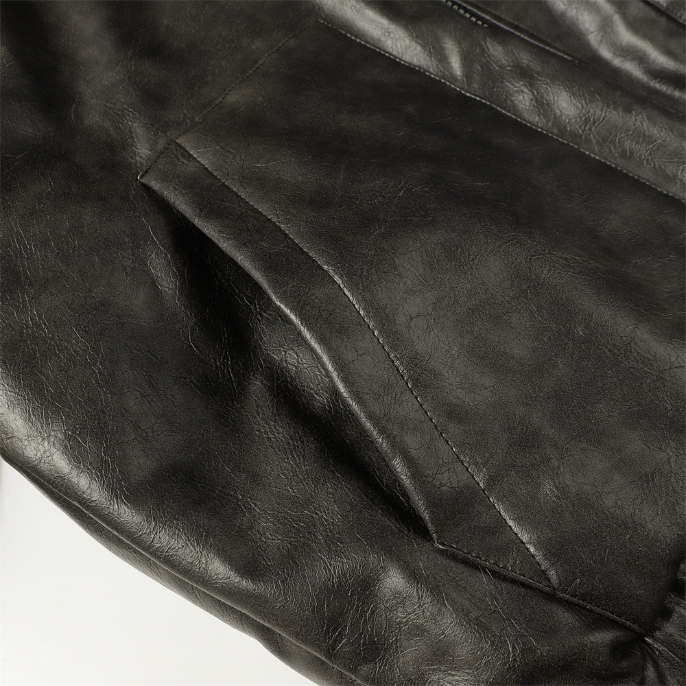 PU Leather Cotton Padded Coat Men's Rock Windproof Winter Stand Collar Loose
