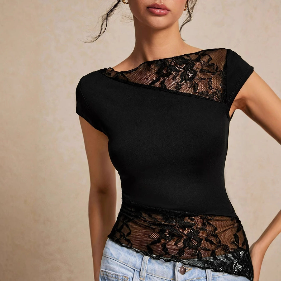 Women's Slim-fit Lace-panelled Short-sleeve Top