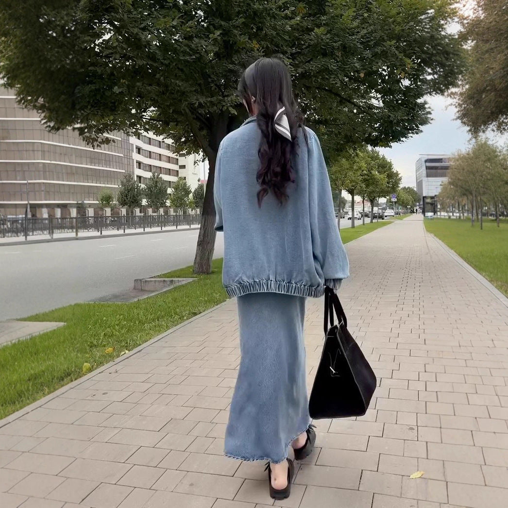 Elegant Commuter Denim Wrap Skirt With A Fitted Waist-cinching Design For Women