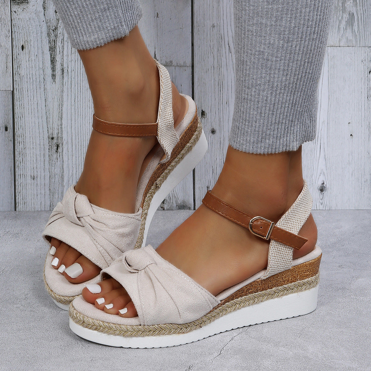 Fish Mouth Bow Hemp Rope Sole Light Platform Sandals