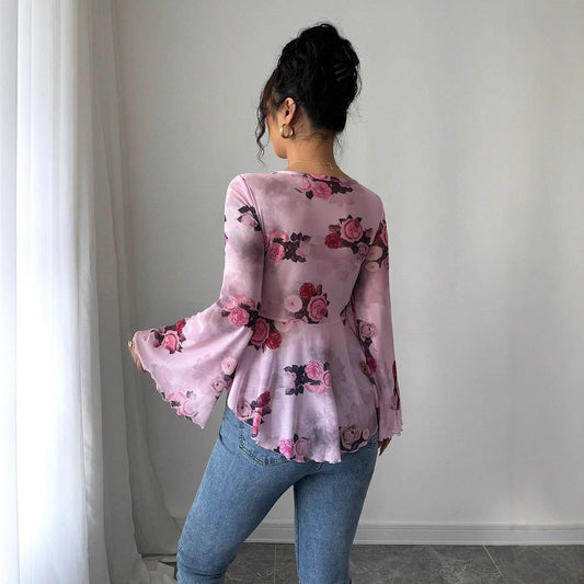 Women's French-style Printed Mesh Elegant Casual Shirt
