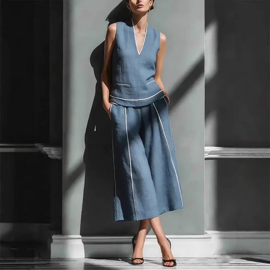 Casual Comfort Womens Sleeveless Linen Shirt Set