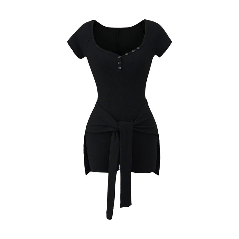 European And American Style Design Sense Peach Collar Waist Tied Jumpsuit