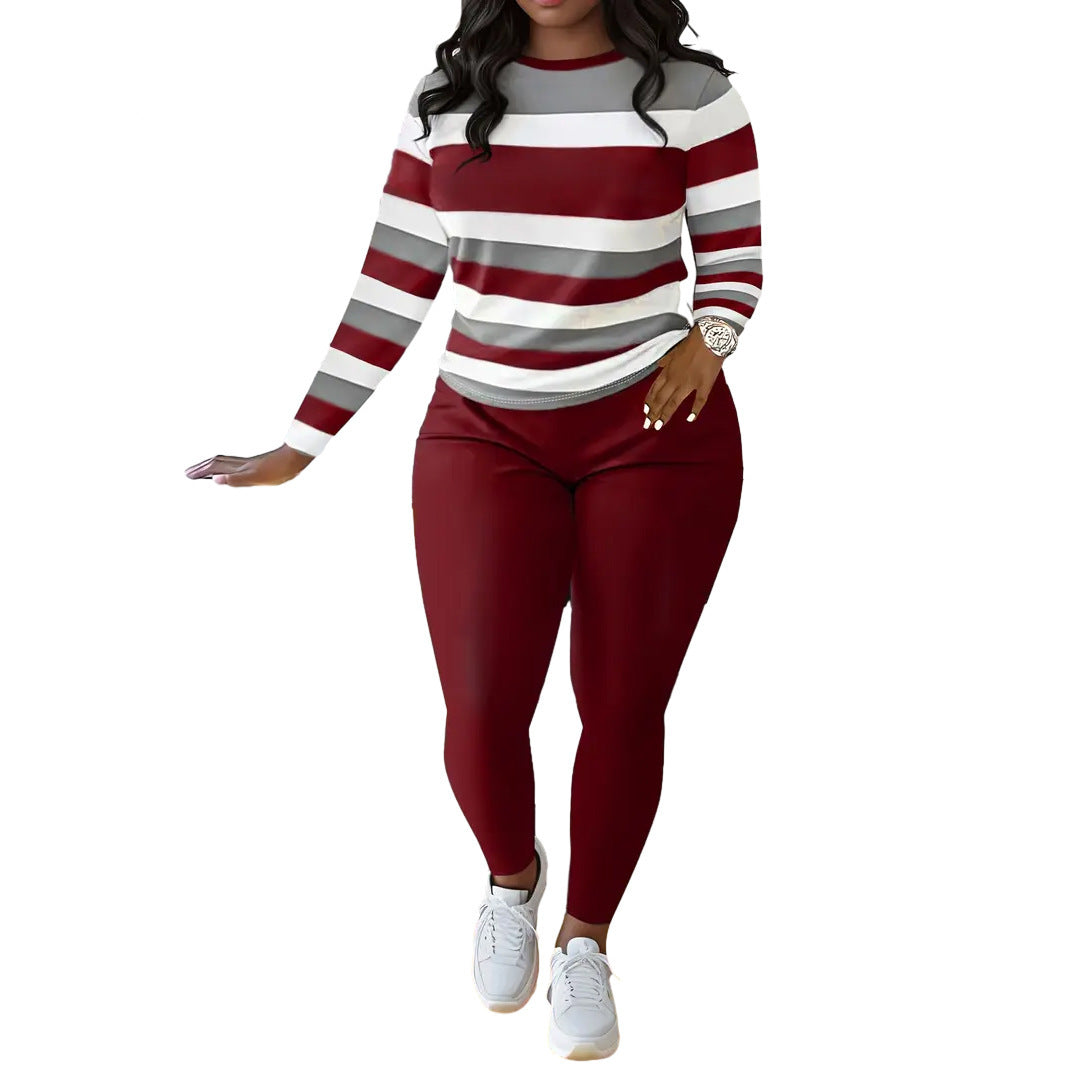 Stylish Striped Print Crew-neck Long-sleeve Pants Set