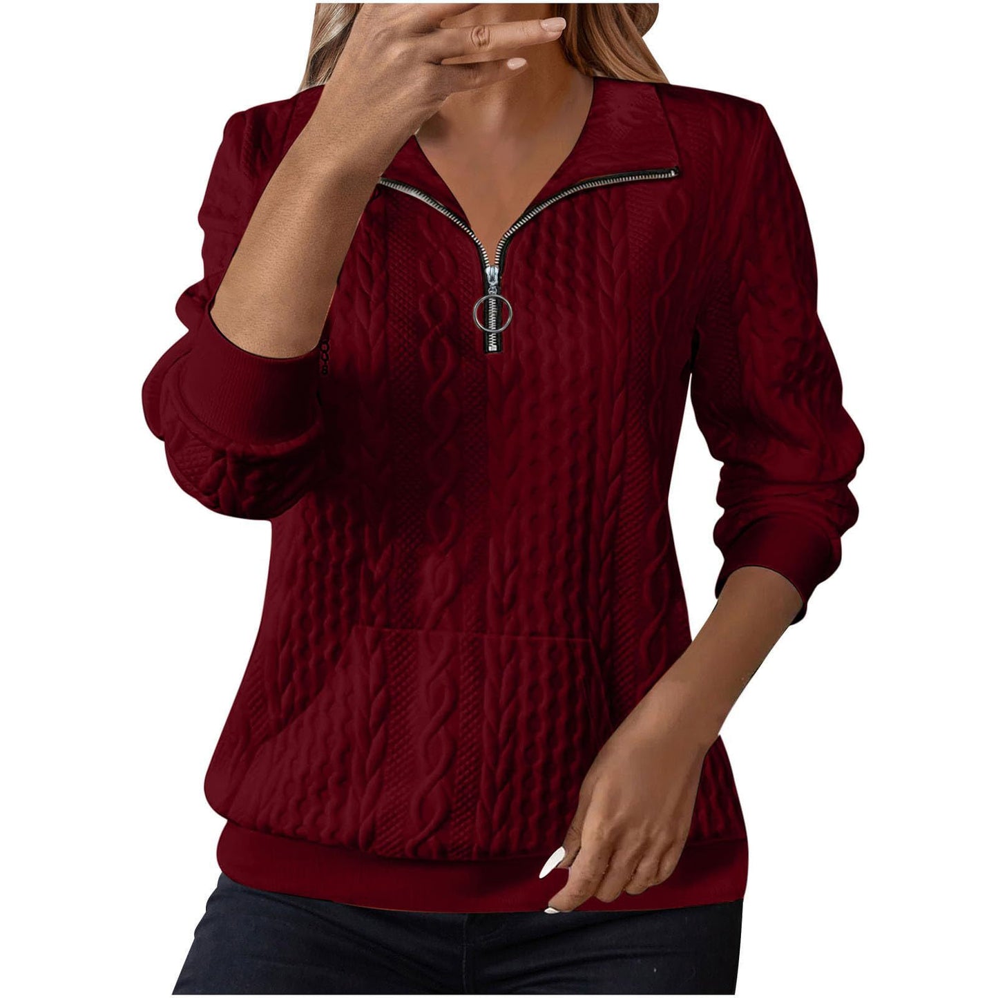 Womens Casual Lapel-collar Zip-up Long-sleeve Hoodie With Pockets