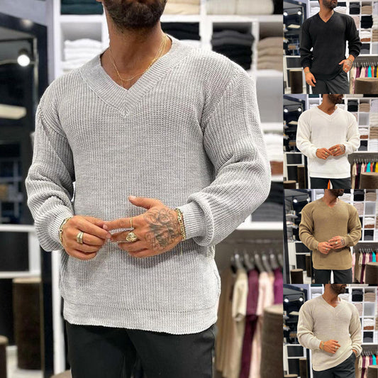 Men's Long-sleeved V-neck Solid Color Sweater