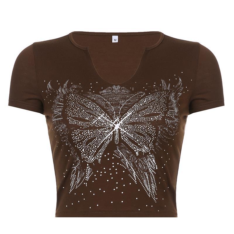 Retro Small U Neck Butterfly Print Brown Short Sleeve T-Shirt