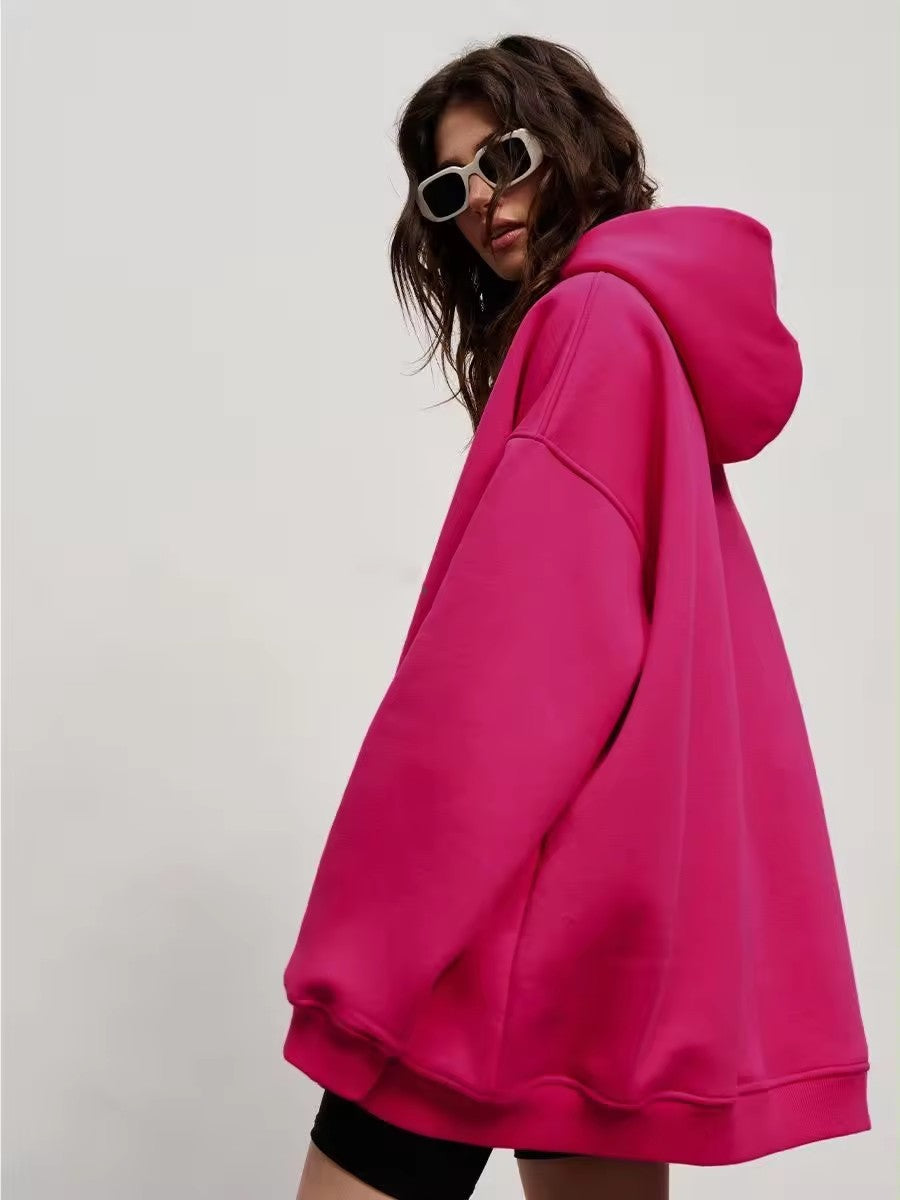 Women's Fleece-lined Bathroom Solid Color Clothing Word Kangaroo Pocket Drawstring Hoodie