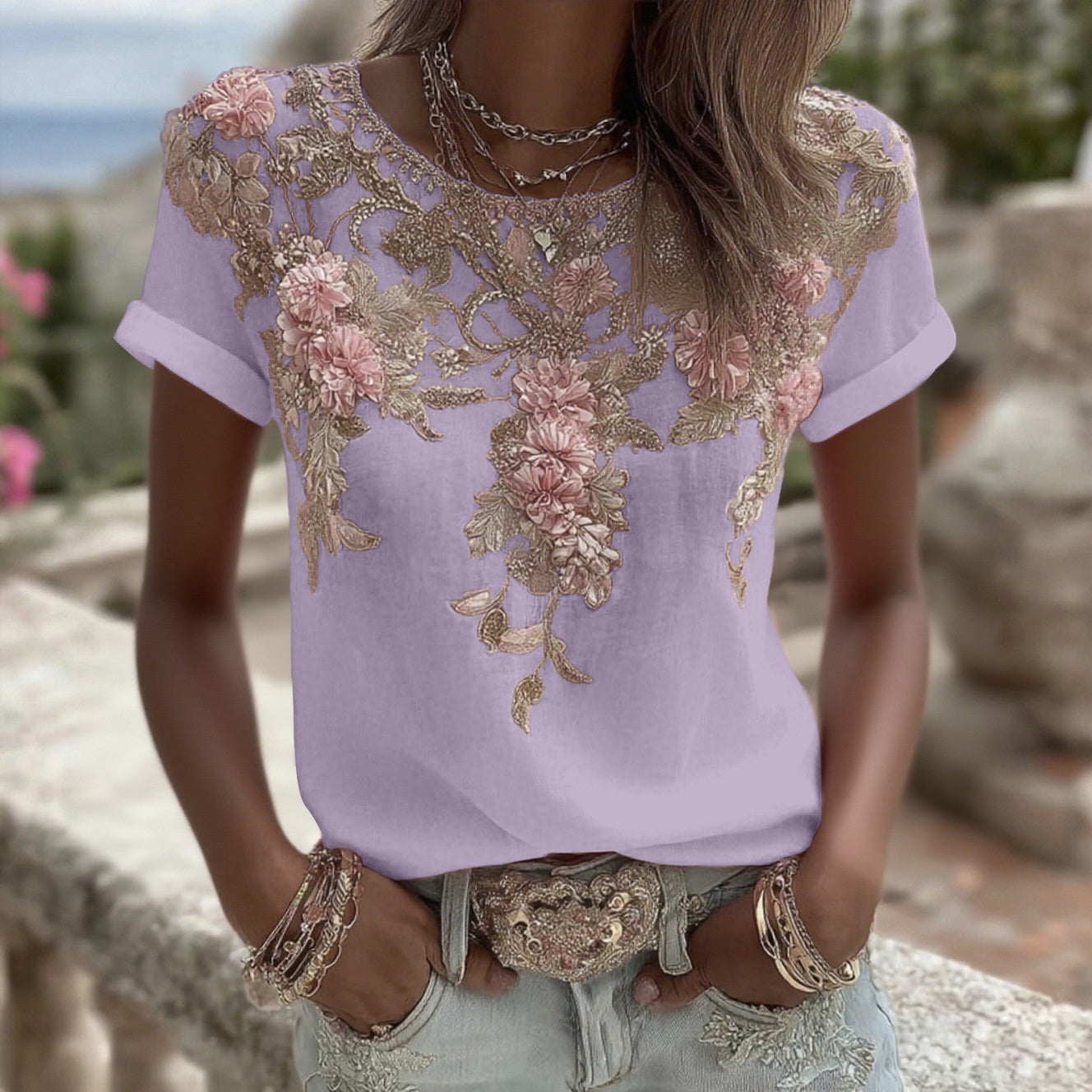 Womens Retro Artistic Printed Top With Patchwork And Round Neck Elegant Pullover T-Shirt
