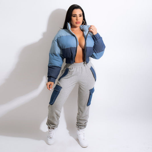 Women's Street Cool Imitation Denim Large Pocket High Waist Tooling Pants