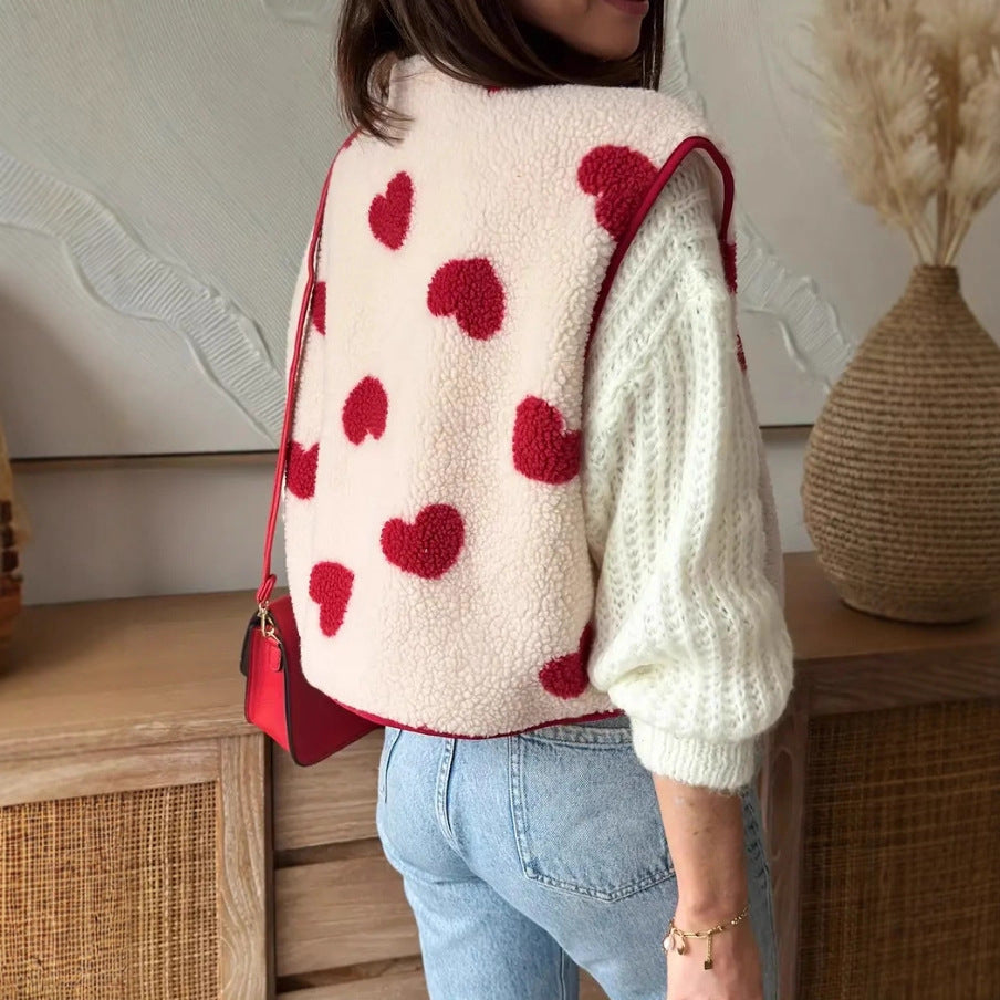 Women's Casual Lamb Fleece Heart Button Vest
