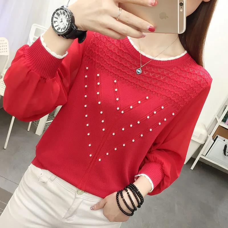 Chiffon Ice Silk Knitted Bottoming Shirt Long Sleeve Round Neck