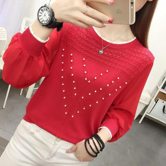 Chiffon Ice Silk Knitted Bottoming Shirt Long Sleeve Round Neck