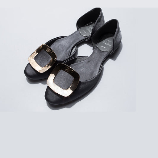 Round Toe Square Buckle Solid Satin Flats