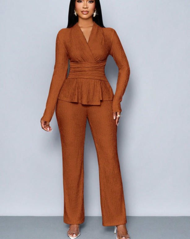 Womens Versatile, Waist-Cinching, Slimming Solid-Color Long-Sleeve Set