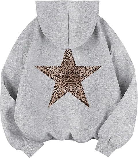 Womens Leopard-Print And Star-Print Hooded Casual Long-Sleeve Top