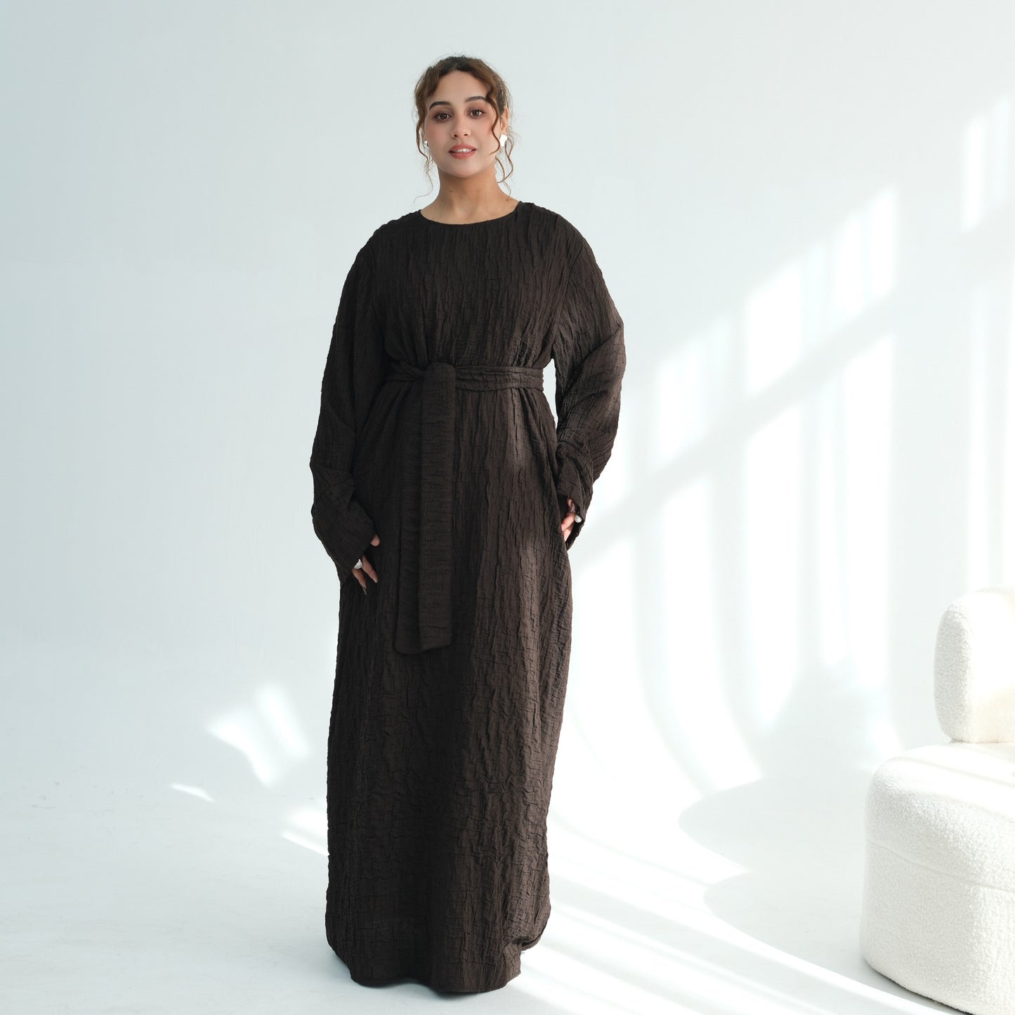 Womens Textured Dress With A Belt, Long Robe Style