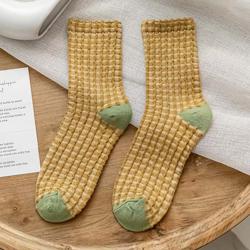 Checkerboard Color-blocked Mid-calf Cotton Sweat-absorbing Long Socks