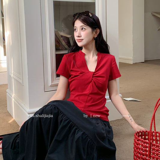 V-neck Knot Short-sleeved T-shirt Women's All-match Top