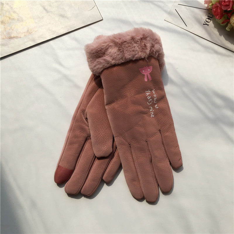 Efterår og vinter ridehandsker til kvinder, koreansk stil, alfabet, tegneserie, varme, dobbeltlags fleeceforede