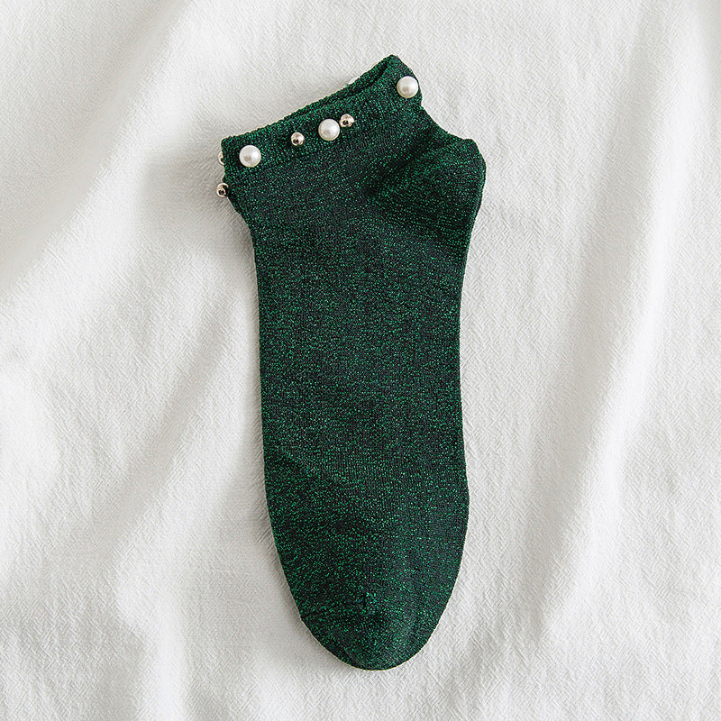 New Female Handmade Beaded Silver Silk Pearl Boat Socks