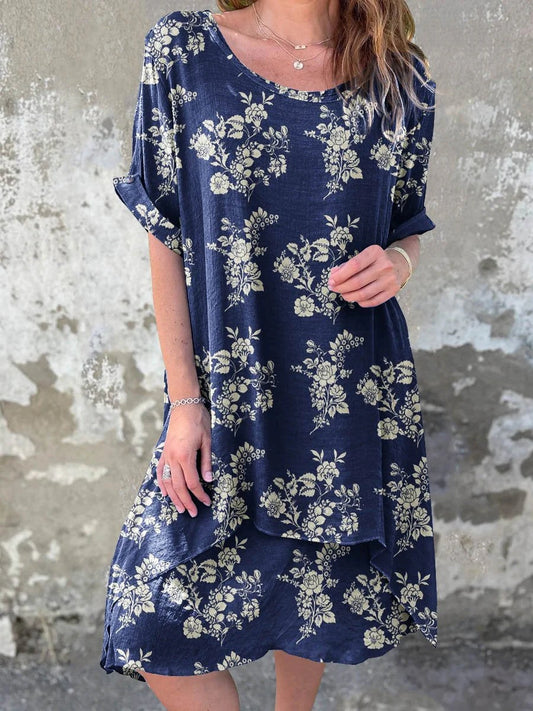 Fashionable Cinched Waist Round Neck Short-sleeve Printed Dress