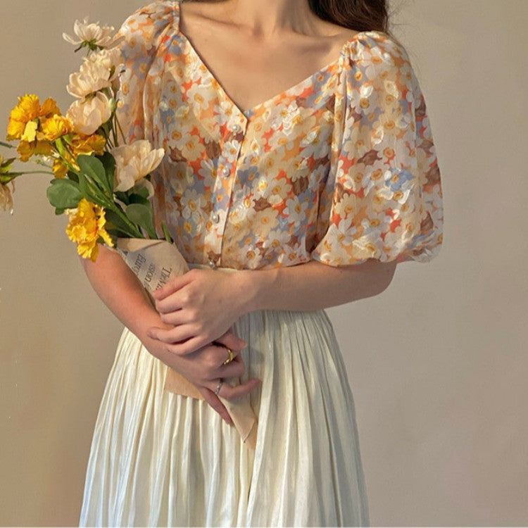 Women's Summer French Vintage Chiffon Shirt V-Neck Print Top