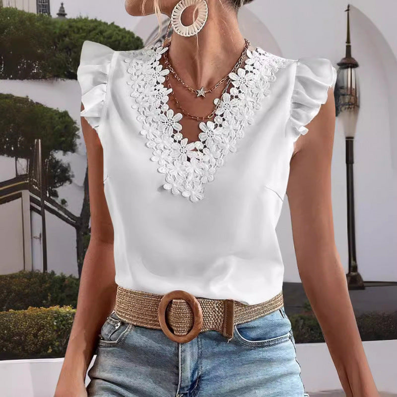 Solid Color Collar Short Sleeve Slim Casual Women's Shirt