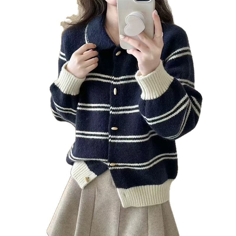 Korean Style Contrast Color Striped Lapel Sweater Cardigan