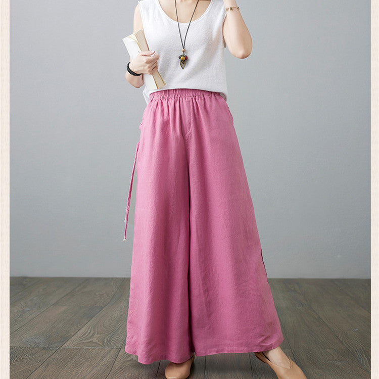 Women's Casual Cotton And Linen Loose High Waist Straight Wide Leg Pants