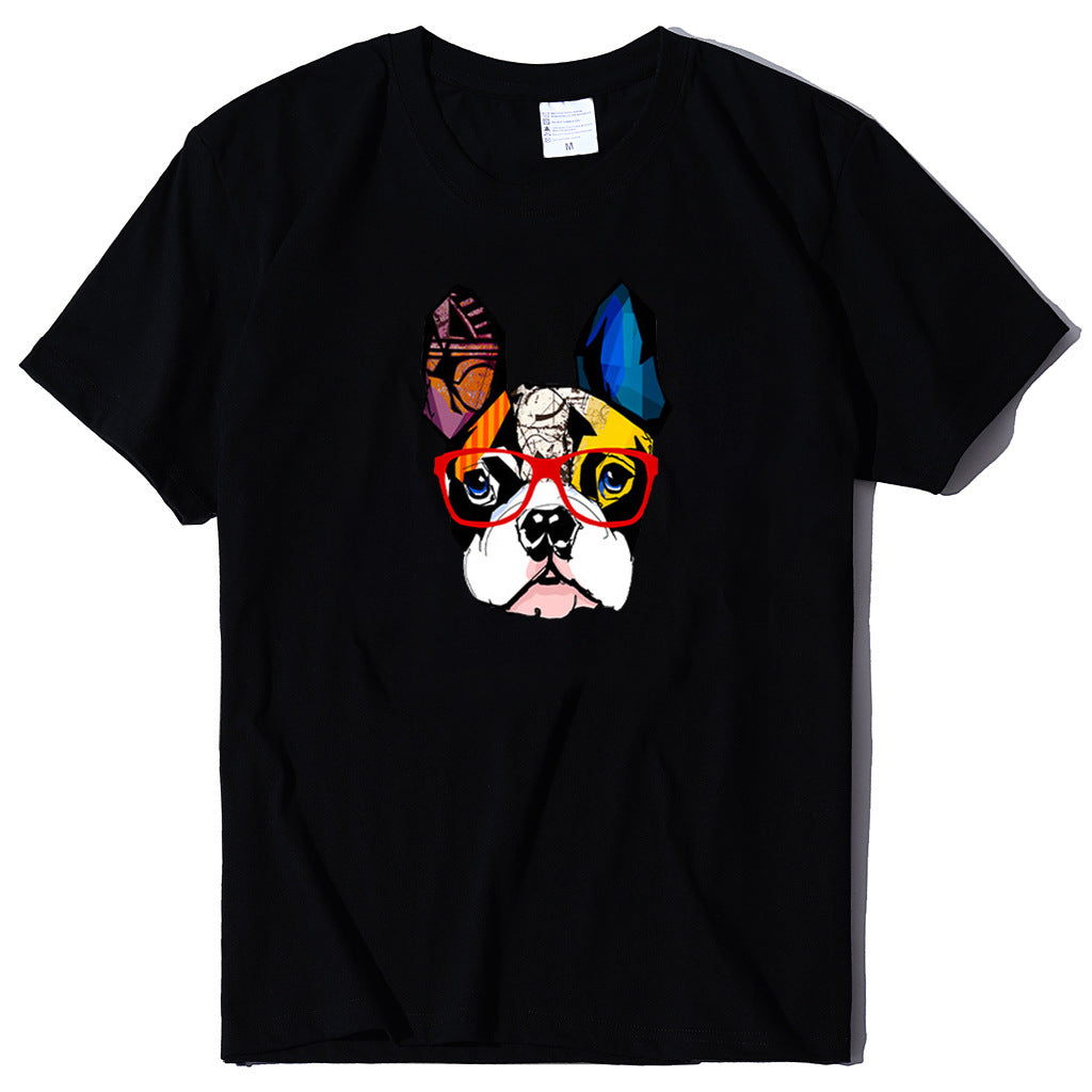 New European And American Dog Print Top With Glasses Short Sleeve