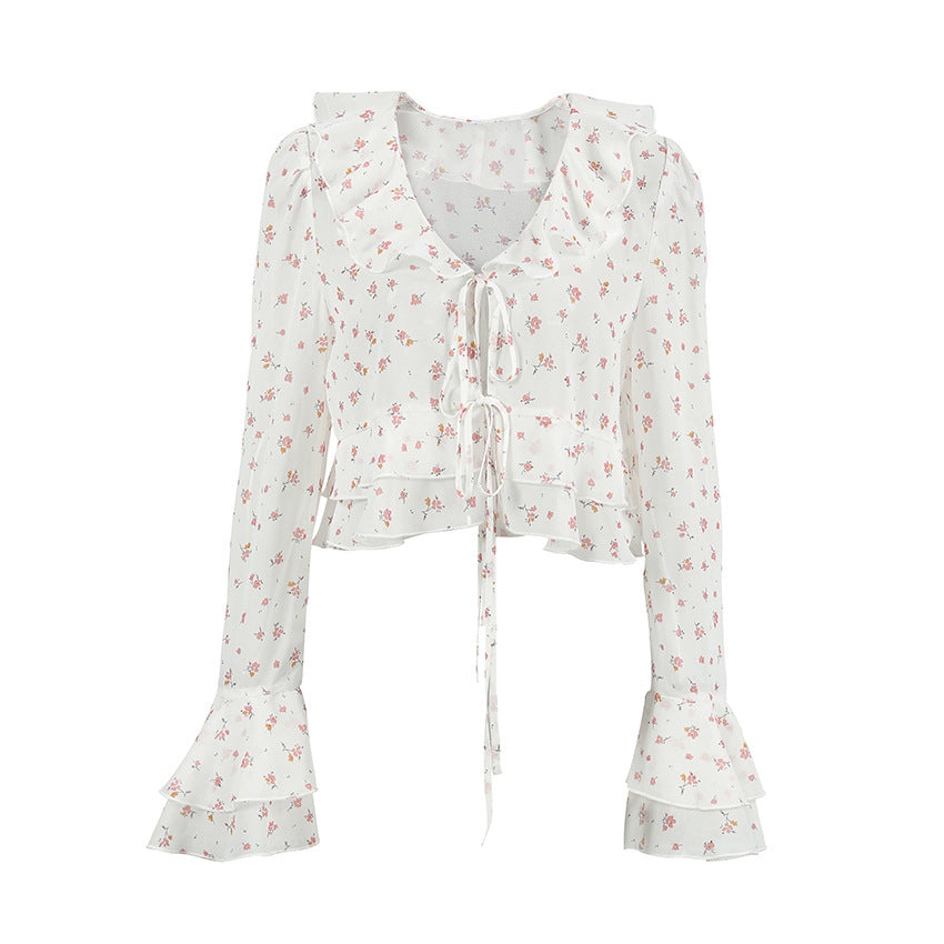 Women's Chiffon Printed Slim-fit Flared Sleeves Tied Lotus Leaf Shirt