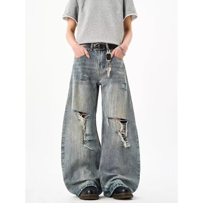 Distressed Ripped Bamboo-pattern Curved Knife High-street Loose Wide-leg Pants For Men And Women