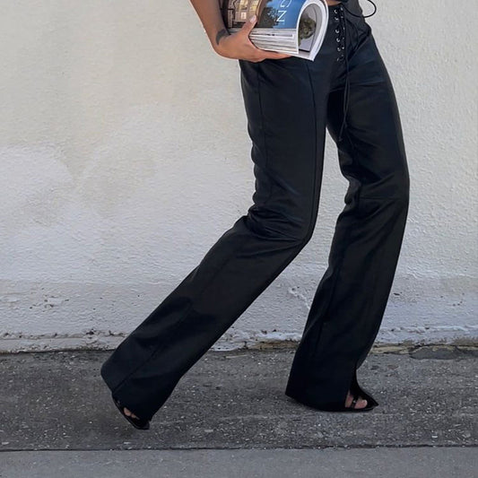 Straight Tube Loose Casual Low Waist Leather Pants
