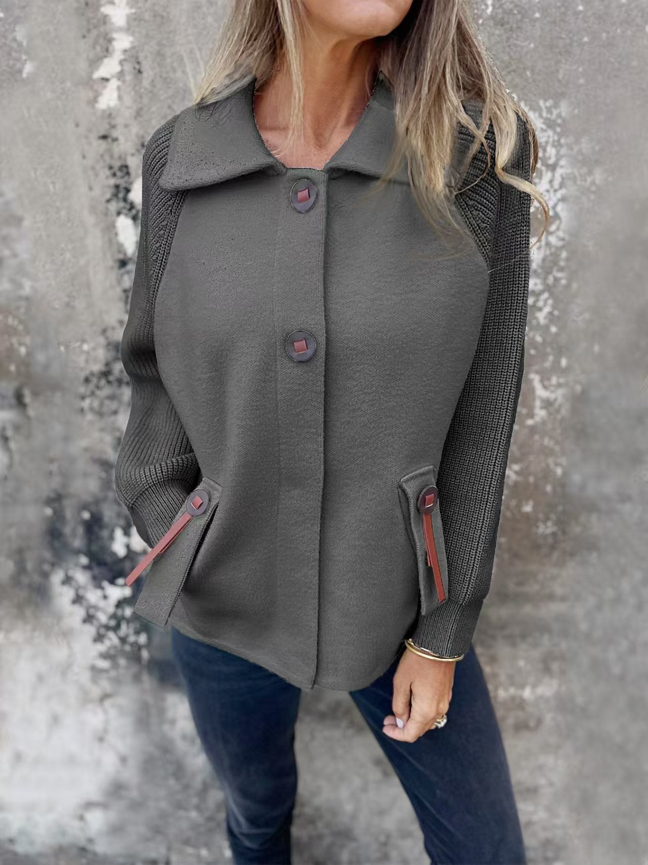 Casual Polo Collar Fashion Pocket Cuff Stitching Jacket Coat