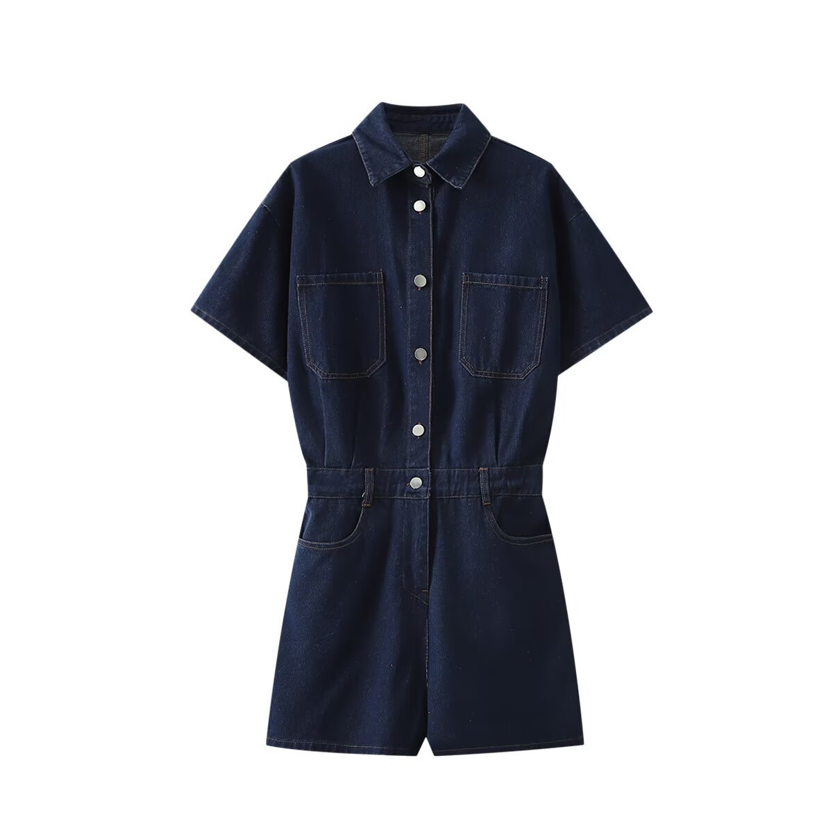 Summer New Women's Elegant Lapel Short Sleeve Waist-controlled Short Denim Jumpsuit