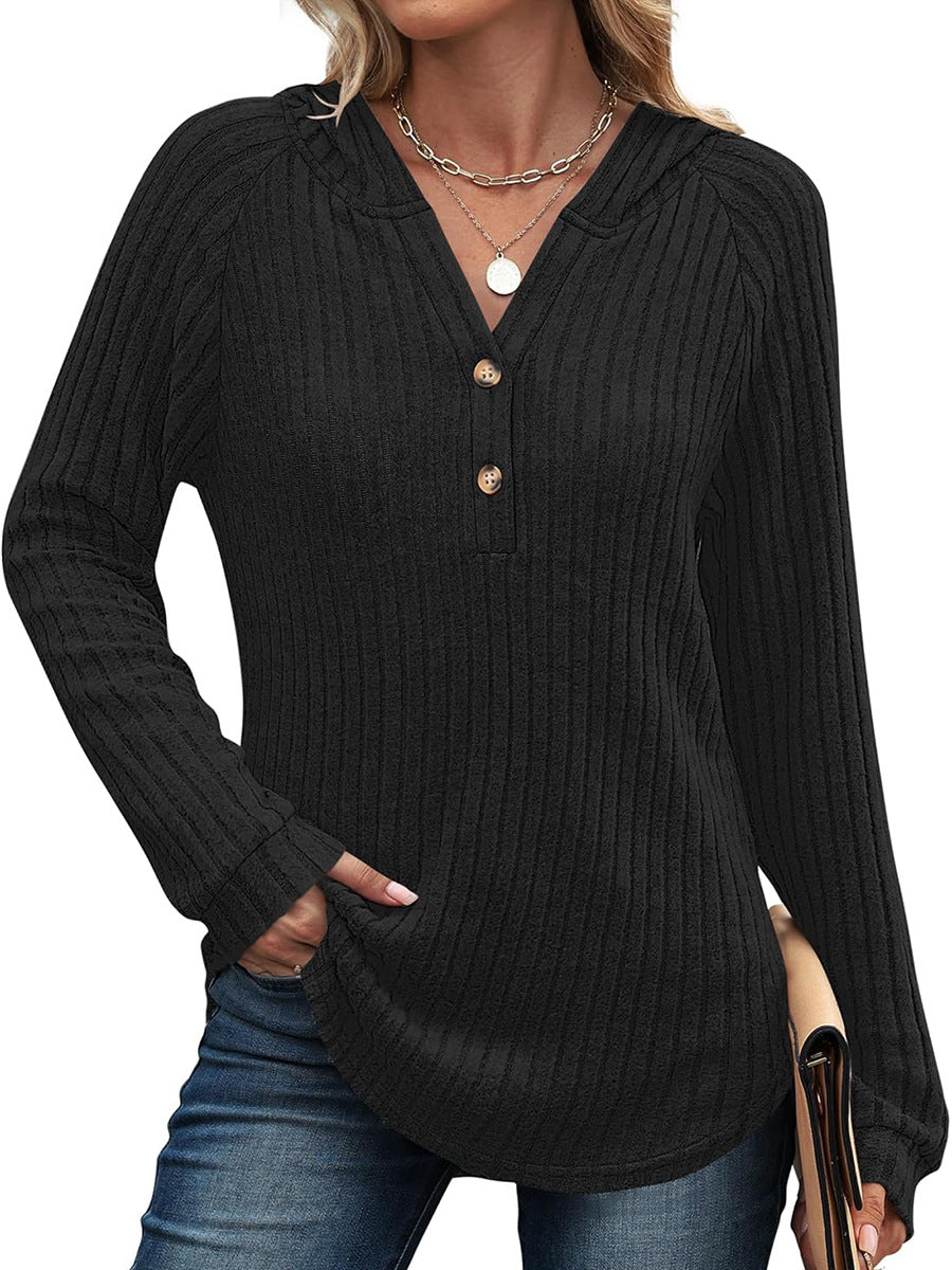 Solid Color And V-neck Button Loose Hooded Fleece Knitted Top