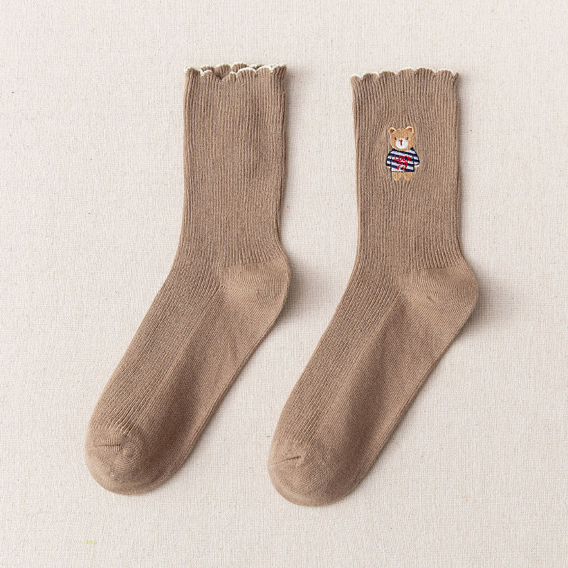 Women's Bear Embroidered Fungus Lace Mid Tube Socks