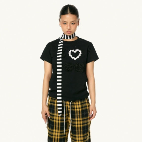 Plush Decoration Love Embroidered Short-sleeved Cotton Casual Shoulder Top