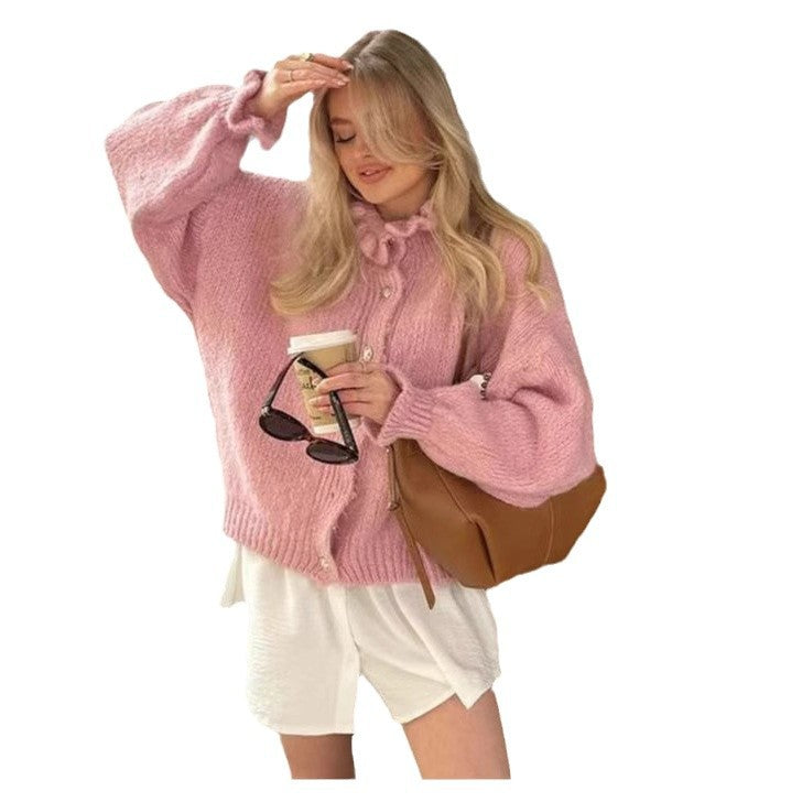 Women's Preppy Style Round Neck Sweater Cardigan Elegant Ruffle