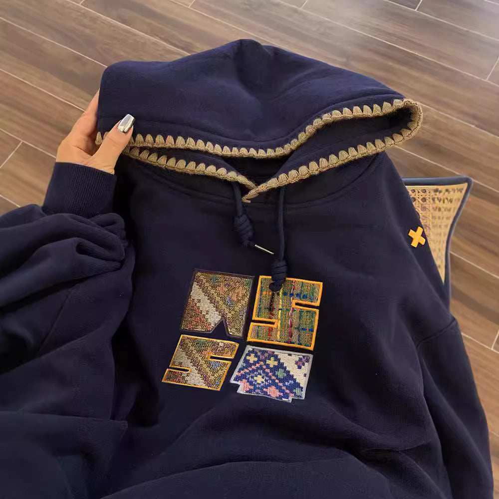 Retro Ethnic Style Woven Patch Versatile Loose Hooded Sweater